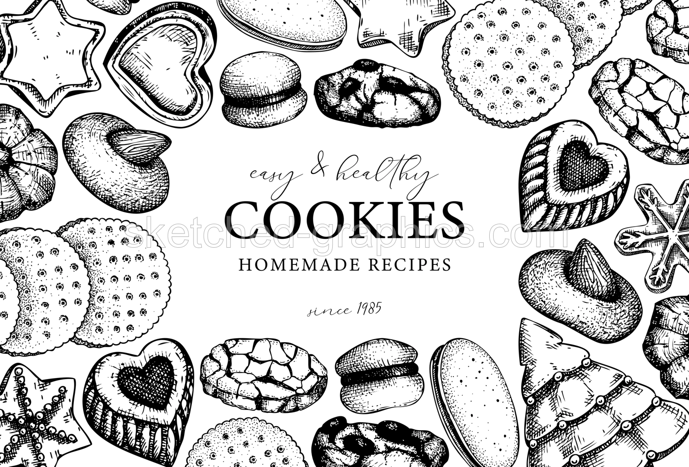 Bakery shop background. Popular cookies vintage frame design. Italian pastry sketches. Cookies with almond, chocolate, jam, crackers, chips hand drawn illustrations for logo, print, banner design Illustration